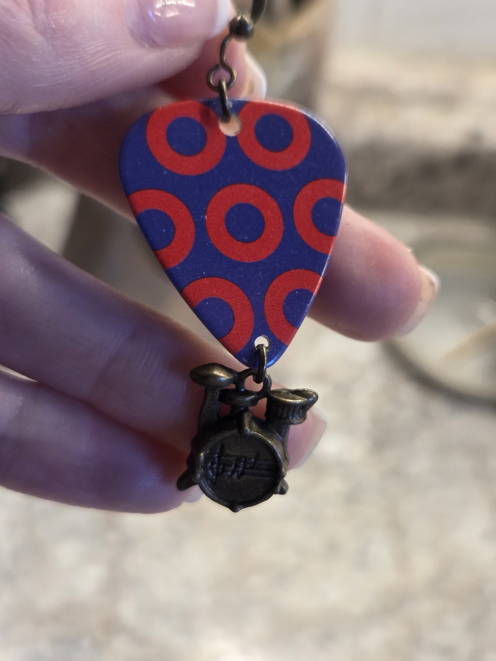 Phish Donut Guitar Pick Dangle Earrings with Drum Charms - Blue & Red - Picture 5 of 5